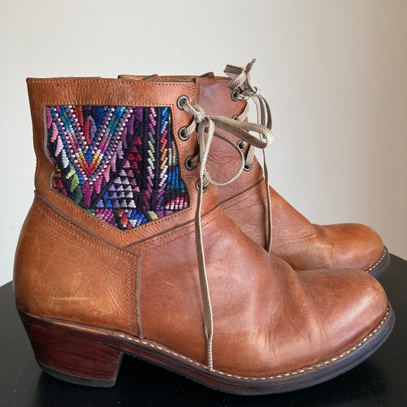 Polished Leather and Handwoven textile Ankle Boot - Picture 2 of 15